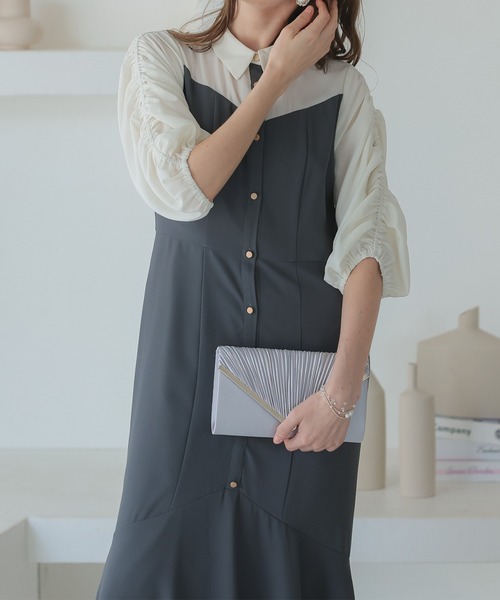 haremode ドレス シャツ風ギャザー袖マーメイドドレス オケージョン