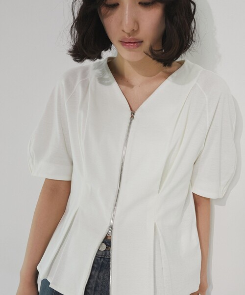 tシャツ ジップアップペプラムトップス｜細見え/ウォッシャブル/Tシャツ/半袖/夏服 レディース