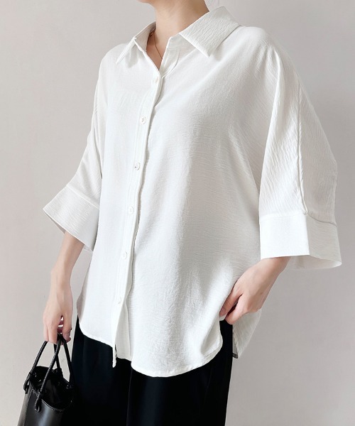 シャツ/ブラウス(長袖/七分) perverze    Cut Large Shirt / White ブラウス シャツ 7分袖ポンチョ風シャツブラウス レディース
