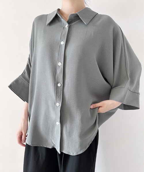 シャツ+ブラウス(長袖+七分) FLEN*dress shirt linen poncho* ブラウス シャツ 7分袖ポンチョ風シャツブラウス レディース