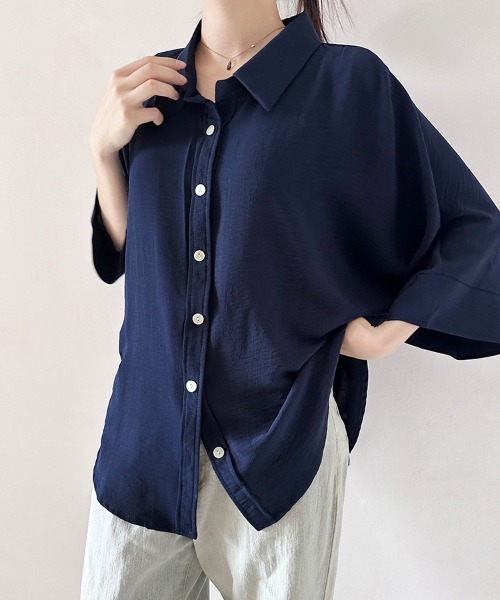 シャツ/ブラウス(長袖/七分) HOWDY. jacquard blouse カットソー裏地付】ジョーゼットフレア7分袖ブラウス<大きいサイズ有