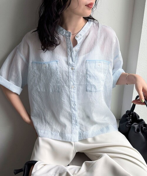 fredy emue ブラウス シャツ 半袖シアーストライプシャツ