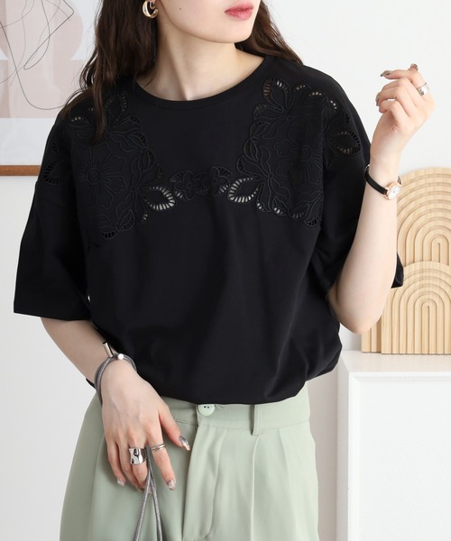45R 天竺 花刺繍 カットワーク カットソー 45R スカラップレース