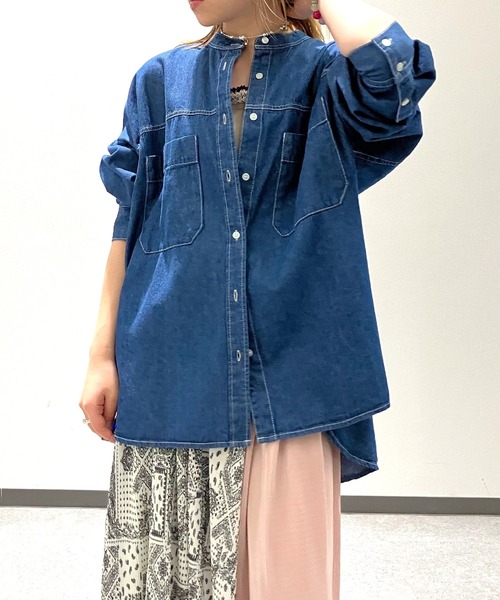 ブラウス シャツ バンドカラーデニムシャツ レディース