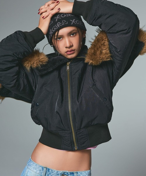 X-girl ショート丈 アウター X-girl ブルゾン ジャンバー FAUX FUR HOODED JACKET レディース