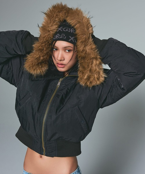 X-girl ショート丈 アウター X-girl ブルゾン ジャンバー FAUX FUR HOODED JACKET レディース