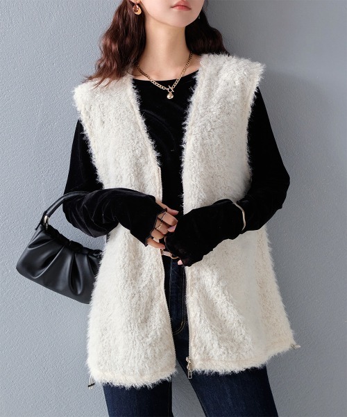 ベスト ジレ ドロストデザイン シャギージップベスト レディース