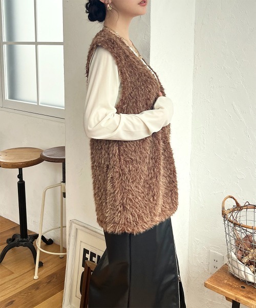 ベスト ジレ ドロストデザイン シャギージップベスト レディース