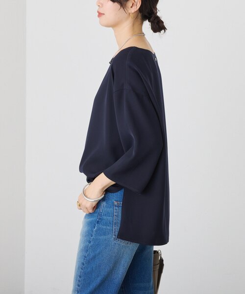 ブラウス シャツ 「セットアップ対応可/オフィスカジュアル/シワになりにくい/手洗い可」ダブルサテンハーフスリーブブラウス レディースの画像