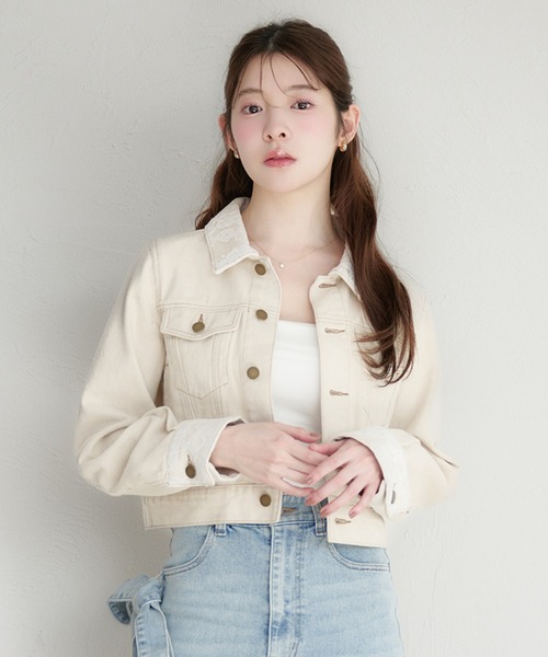 fupel デニムジャケット gジャン lace collar denim jacket / レース