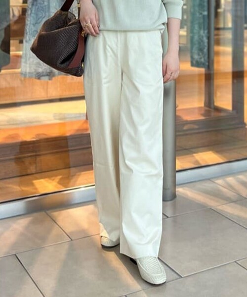 ワイドパンツ パンツ コットンレーヨンリネンストレッチ ストレートパンツ レディースの画像