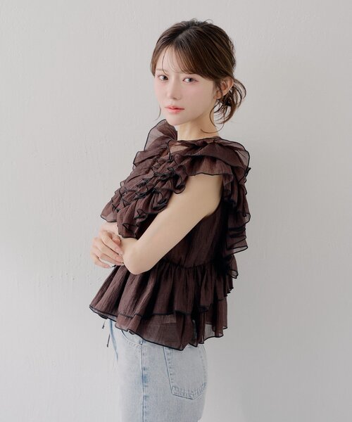 ブラウス シャツ 「SALON by Chico」バイカラーラッフルフリルペプラムブラウス レディースの画像