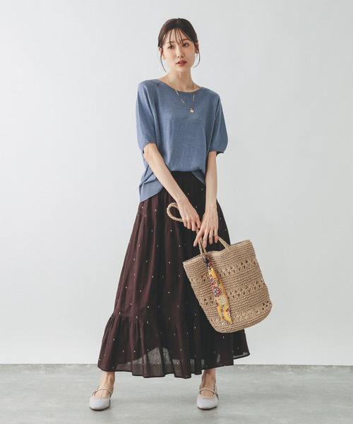 タオコムデギャルソン パッチワーク風ニットブラウス ウール 半袖 レイヤード GLOBAL WORK（グローバルワーク） tシャツ リネン混ニット2WAYプル