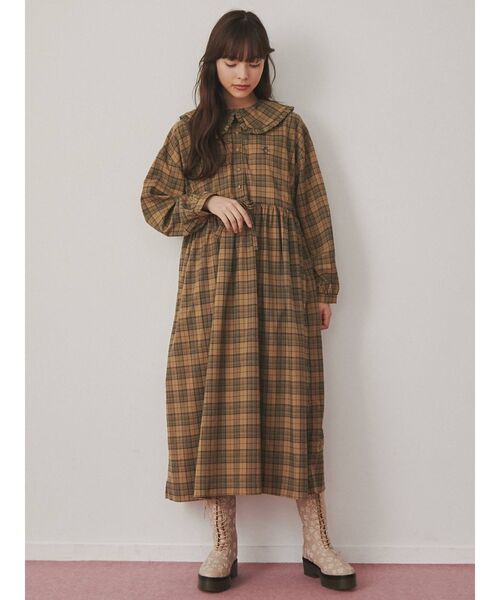 美品✨ 45R メリノチェックワンピース 縮絨ウール　ロゴ刺繍 フリンジ merry jenny（メリージェニー） ワンピース bear刺繍チェック