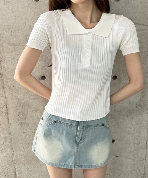 GLAMOROUS JANE ニット セーター リブ半袖ポロクロップド丈