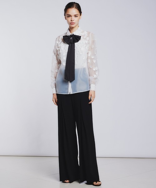 Sov. シャツ ブラウス レディース オーガンジーフラワーボウタイシャツ