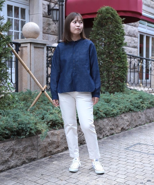ブラウス シャツ 「OMNIGOD womens / オムニゴッド」 インディゴコットンリネン スタンドカラーシャツ レディース DOMINGO ブラウス シャツ 「OMNIGOD womens / オムニゴッド