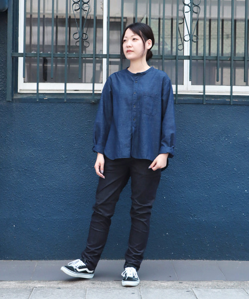 美品✨OMNIGOD デニムシャツ 長袖 インディゴ 2 日本製 DOMINGO ブラウス シャツ 「OMNIGOD womens / オムニゴッド