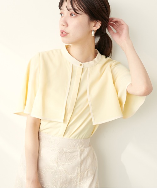 natural couture シャツ ブラウス スタンドネック配色ケープブラウス 