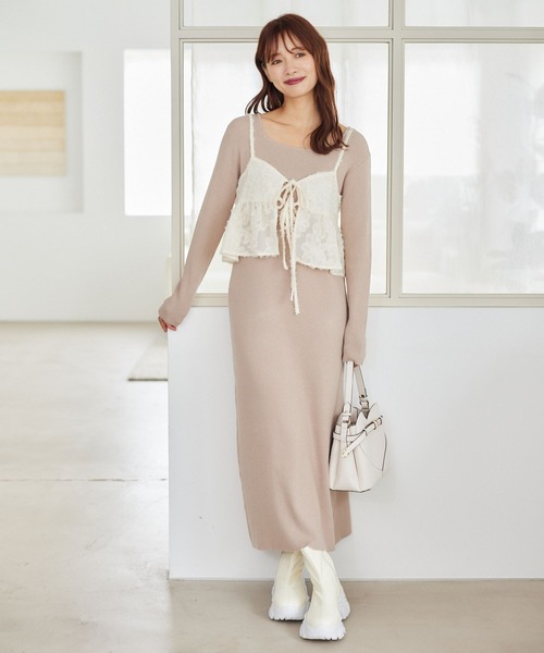 M me eme フェザーニットワンピース M me eme／Off shoulder pleate knit mini one piece(eme10483
