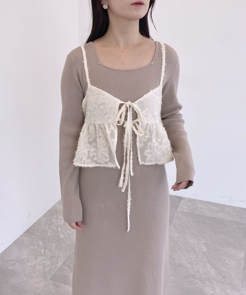 ミッソーニ ニットワンピース ストレッチ キャミ付 手洗い可 総柄 38（M） mysty woman（ミスティウーマン） ワンピース フェザーキャミセット