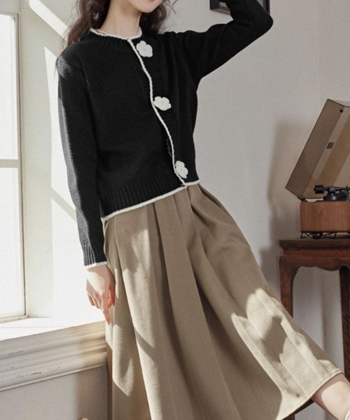 deux amour カーディガン 花ボタンクルーニットカーデ レディース