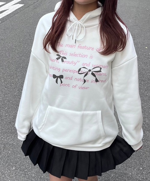 パーカー ピンクテキスト×リボンデザインパーカー レディース