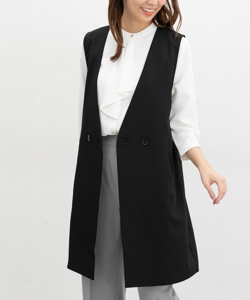 ベスト ジレ 「洗える/ストレッチ/UVカット」麻調ストレッチダブルジレ レディース 洗える/ストレッチ/UVカット】麻調ストレッチダブルジレ(その他