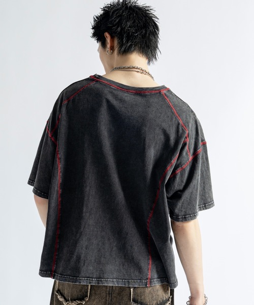 PLAN To tシャツ Vintage Like Chemical Wash Color Stitch Tee