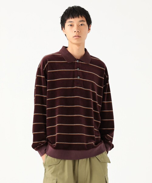 BEAMS ベロア ボーダー ポロシャツ BEAMS ポロシャツ ワイドフィット ベロア ボーダー メンズ