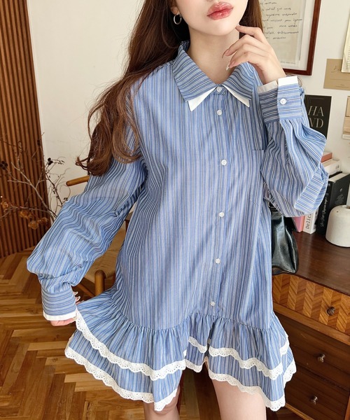 moment+ シャツワンピース ダブルカラーレースフリルティアードシャツ