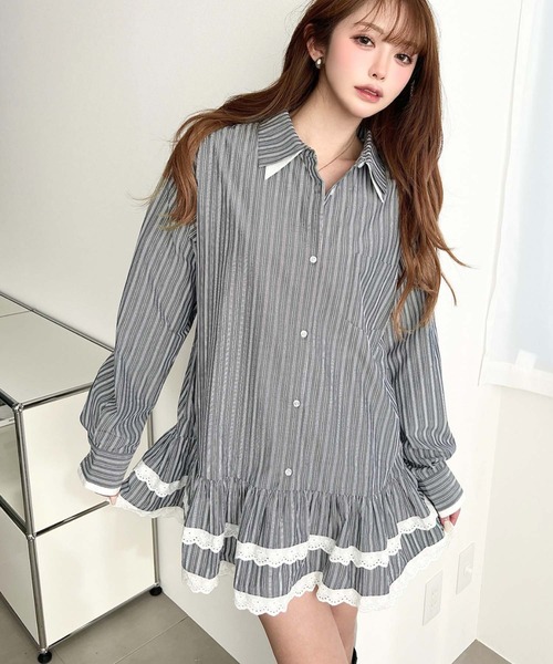 moment+ シャツワンピース ダブルカラーレースフリルティアードシャツ