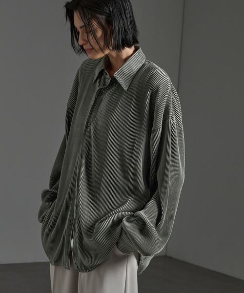 オリーブグリーン プリーツ加工 長袖シャツ CIYOT シャツ 「CIYOT」オーバーサイズ プリーツ加工 ドレープ