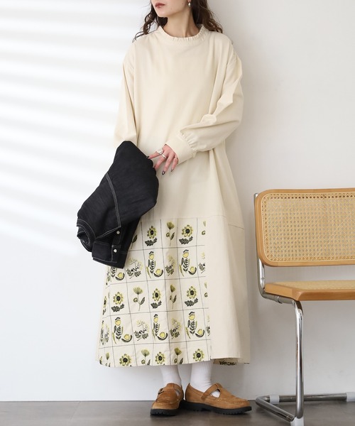 Emago（イマゴ） ワンピース お花とライン刺繍ワンピース 長袖