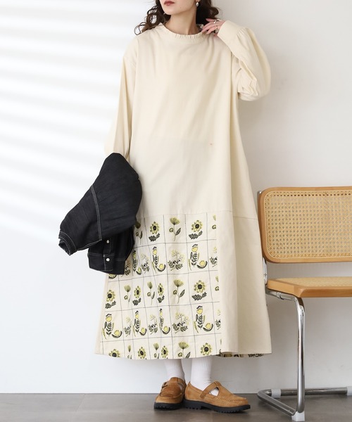 Emago 花柄刺繍 長袖シャツワンピース Emago（イマゴ） ワンピース お花とライン刺繍ワンピース 長袖