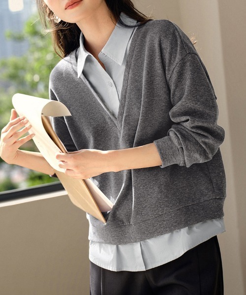blancvert/グレー/ ニット&シャツレイヤード トップス/新品未使用 シャツレイヤード風ニットトップス [N1123] - レディースファッション