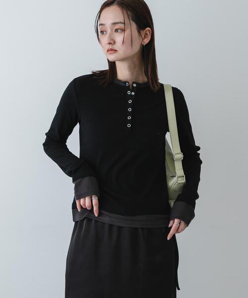未使用　IENA アトリエフランセ　ヘンリーネックトップス　ブラック LES ATELIERS FRANCAIS DE CONFECTION ヘンリーネックトップス（シャツ
