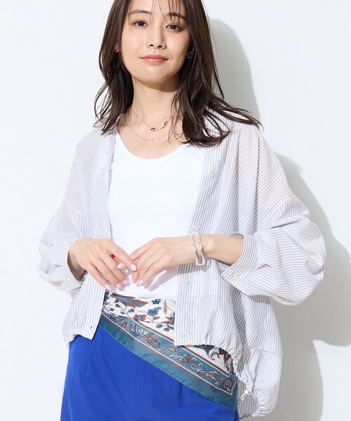 ブラウス シャツ 「接触冷感／洗える／2WAY」ドロスト付 シアーシャンブレーシャツ レディースの画像