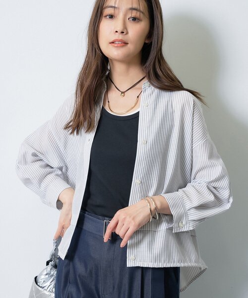 ブラウス シャツ 「接触冷感／洗える／2WAY」ドロスト付 シアーシャンブレーシャツ レディースの画像