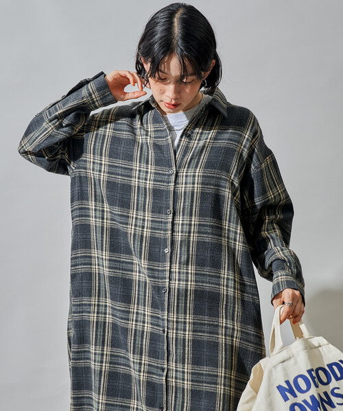「FREAK'S STORE」 シャツワンピース フリ- チャコールグレー レディース_画像8