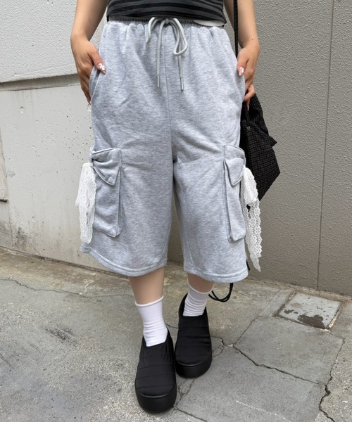 Her Praha リボン付きグレーハーフパンツ　LITMUS continuer de NICE CLAUP ハーフパンツ パンツ 短パン リボンカーゴ