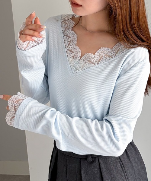 RANAN（ラナン） tシャツ チュールレースVネックリブTシャツ
