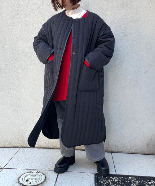 JUGLANS ノーカラーコート コート 合皮パイピング縦キルティングコート