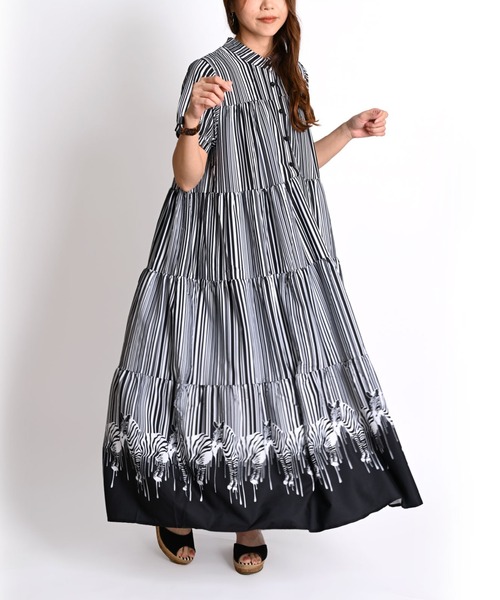 【美品】la fee maraboutee 総柄デザインワンピース　イタリア製 marai フレアワンピース ロングワンピース シャツワンピース