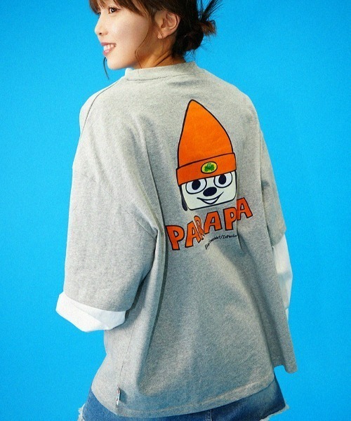 tシャツ Parappa The Rapper/パラッパラッパー/胸ロゴワッペン刺繍フェイクレイヤードロンTEE レディース メンズ GALFY tシャツ 「パラッパラッパー」胸ロゴワッペン刺繍フェイク