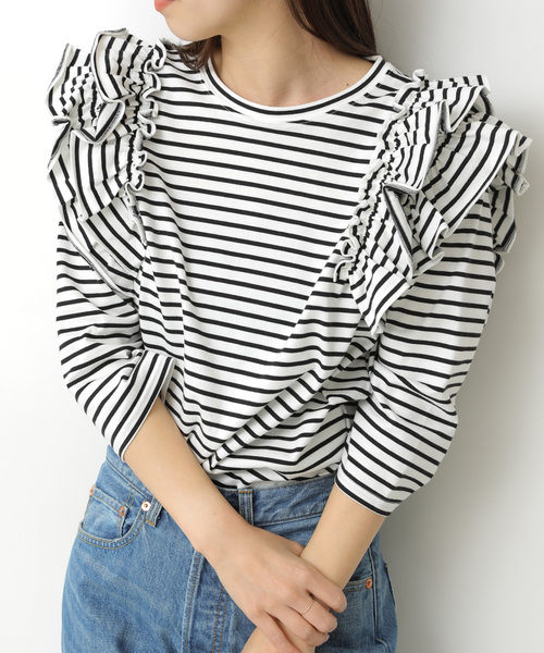 Bonum tシャツ ボーダーフリルTシャツ レディース : ZOZOTOWN