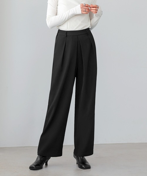 ブラック ワイドパンツ フロントタック itto スラックス パンツ フロントタックワイドスラックスパンツ