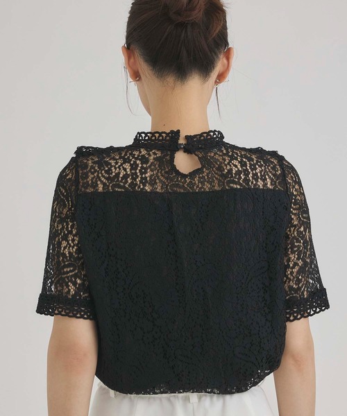 d.i.a. 総柄 フリル付き 背面レース半袖トップス バックレースアップフーディトップス レオパード柄（Tシャツ