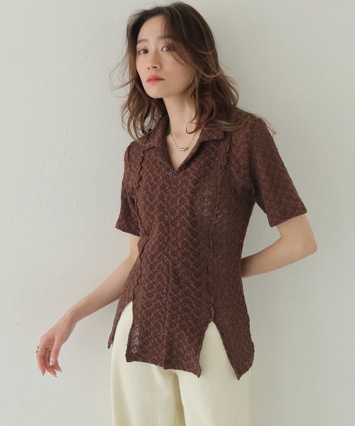 tシャツ 「CLEIO」レースカットソー開襟シャツ レディース