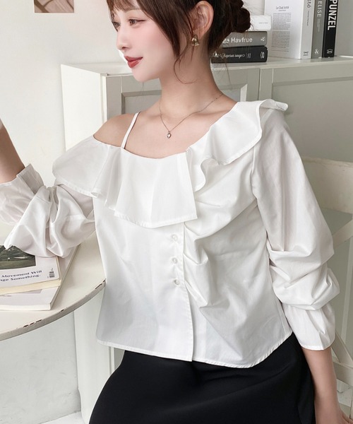 moment+ ブラウス シャツ フロントタックアシンメトリーフリルワン